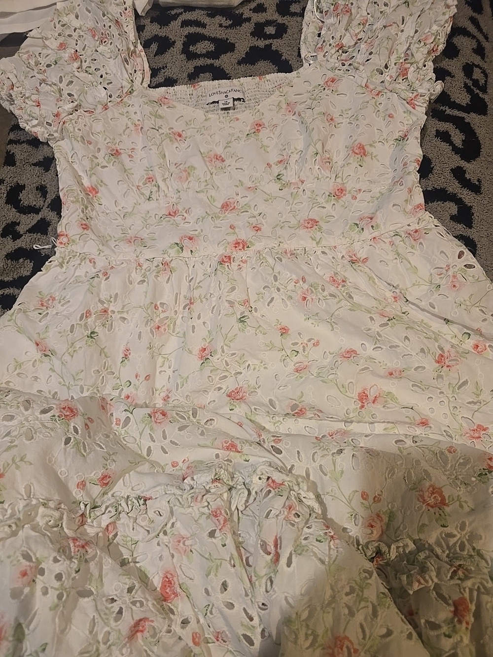 Loveshack Fancy Size 14 100% Cotton White Floral Eyelet Dress with Puff Sleeves - Picture 4 of 16